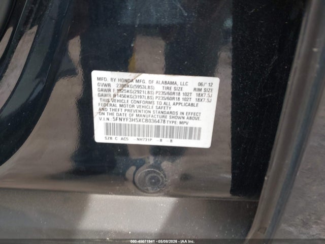 45071941 :رقم المزاد ، 5FNYF3H5XCB036478 vin ، 2012 Honda Pilot Ex-l مزاد بيع