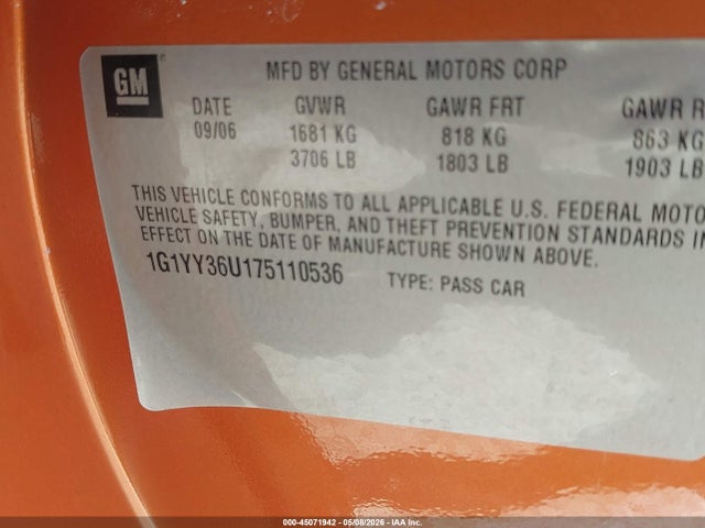 2007 Chevrolet Corvette მანქანა იყიდება აუქციონზე, vin: 1G1YY36U175110536, აუქციონის ნომერი: 45071942