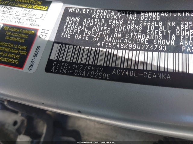 Aukcja sprzedaży 2009 Toyota Camry Le, vin: 4T1BE46K99U274793, numer aukcji: 45071948