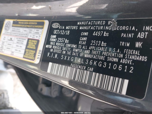 Продаж на аукціоні авто 2019 Kia Optima Lx, vin: 5XXGT4L36KG310612, номер лоту: 45071951