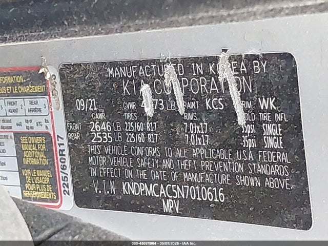 KNDPMCAC5N7010616 KIA Sportage Lx