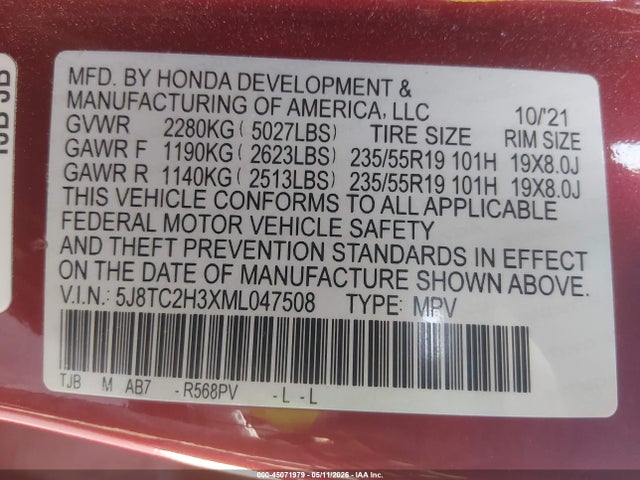 2021 Acura Rdx Standard მანქანა იყიდება აუქციონზე, vin: 5J8TC2H3XML047508, აუქციონის ნომერი: 45071979