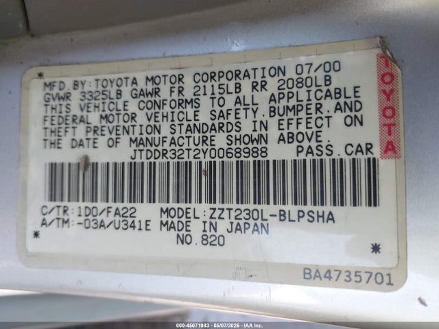Продажа на аукционе авто 2000 Toyota Celica Gt, vin: JTDDR32T2Y0068988, номер лота: 45071983
