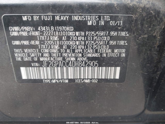 45071984 :رقم المزاد ، JF2GPACC4DH842905 vin ، 2013 Subaru Xv Crosstrek 2.0i Premium مزاد بيع