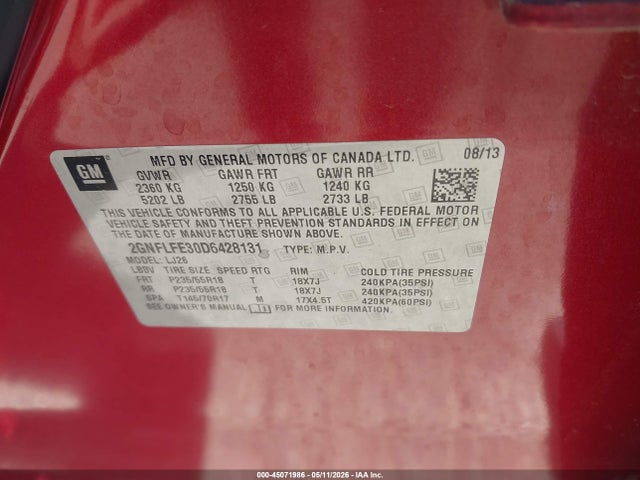 2013 Chevrolet Equinox Ltz მანქანა იყიდება აუქციონზე, vin: 2GNFLFE30D6428131, აუქციონის ნომერი: 45071986