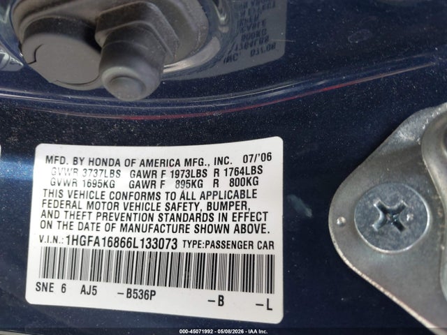 Aukcja sprzedaży 2006 Honda Civic Ex, vin: 1HGFA16866L133073, numer aukcji: 45071992