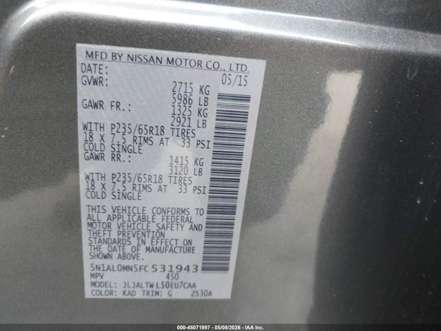 Aukcja sprzedaży 2015 Infiniti Qx60, vin: 5N1AL0MN5FC531943, numer aukcji: 45071997