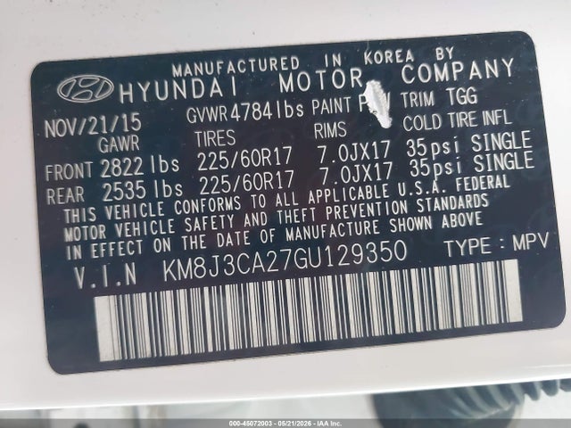Aukcja sprzedaży 2016 Hyundai Tucson Eco, vin: KM8J3CA27GU129350, numer aukcji: 45072003