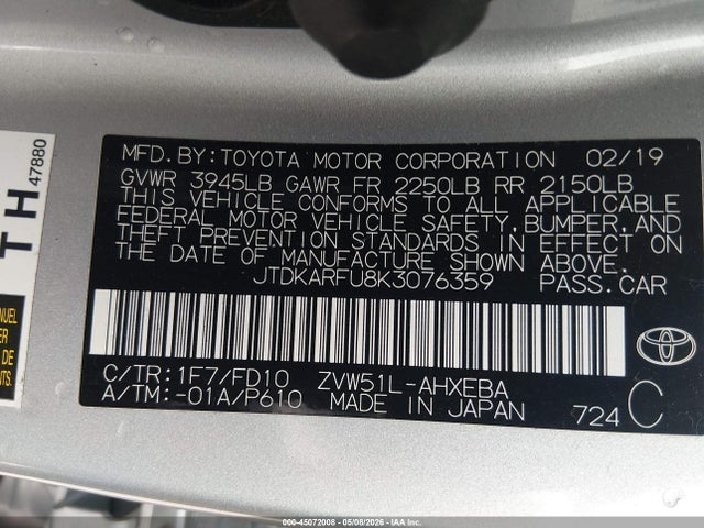 Продажа на аукционе авто 2019 Toyota Prius Le, vin: JTDKARFU8K3076359, номер лота: 45072008