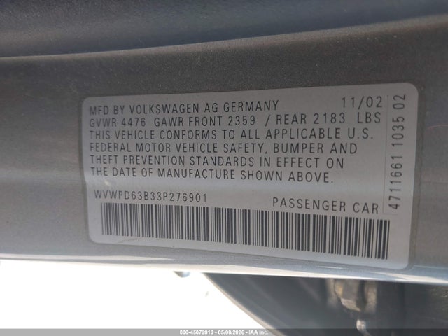 45072019 :رقم المزاد ، WVWPD63B33P276901 vin ، 2003 Volkswagen Passat Gls مزاد بيع