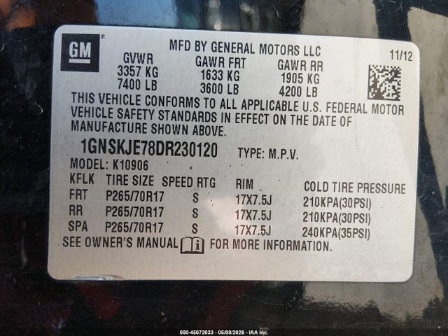 45072033 :رقم المزاد ، 1GNSKJE78DR230120 vin ، 2013 Chevrolet Suburban 1500 Lt مزاد بيع