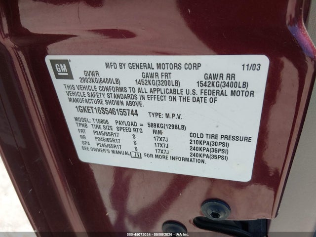 2004 Gmc Envoy Xl Sle მანქანა იყიდება აუქციონზე, vin: 1GKET16S546155744, აუქციონის ნომერი: 45072034