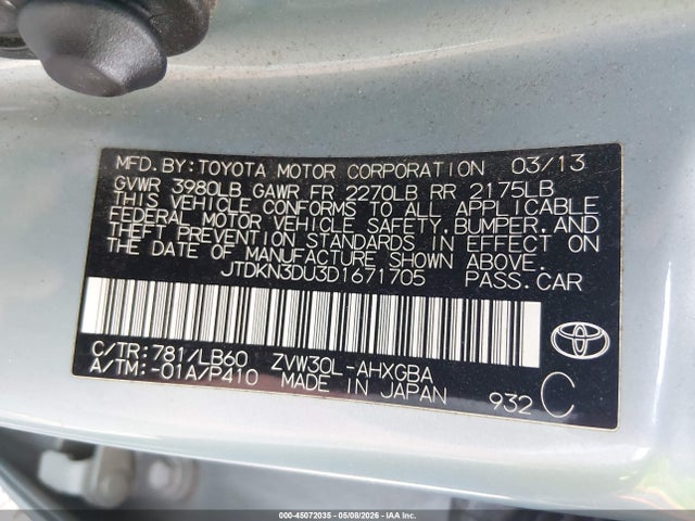 2013 Toyota Prius Four მანქანა იყიდება აუქციონზე, vin: JTDKN3DU3D1671705, აუქციონის ნომერი: 45072035