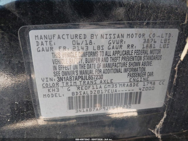 45072042 :رقم المزاد ، 3N1AB7AP9JL657230 vin ، 2018 Nissan Sentra Sv مزاد بيع