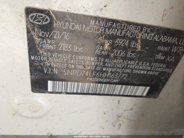 2017 Hyundai Elantra Se მანქანა იყიდება აუქციონზე, vin: 5NPD74LF6HH163772, აუქციონის ნომერი: 45072044