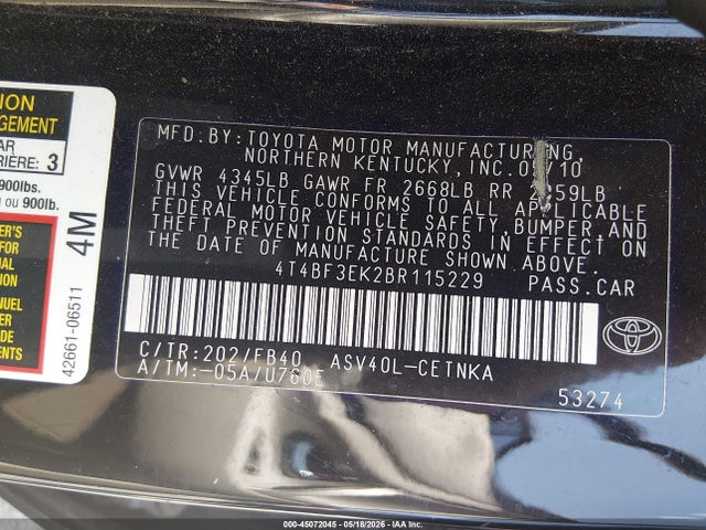 Aukcja sprzedaży 2011 Toyota Camry Le, vin: 4T4BF3EK2BR115229, numer aukcji: 45072045