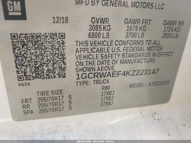 Продажа на аукционе авто 2019 Chevrolet Silverado 1500 Work Truck, vin: 1GCRWAEF4KZ223147, номер лота: 45072060