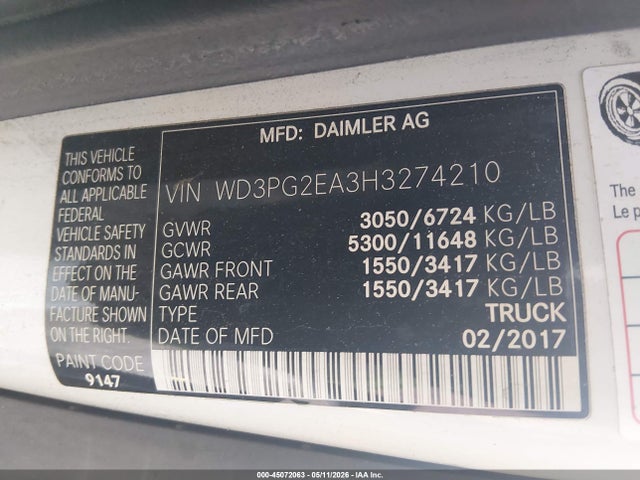 2017 Mercedes-benz Metris მანქანა იყიდება აუქციონზე, vin: WD3PG2EA3H3274210, აუქციონის ნომერი: 45072063