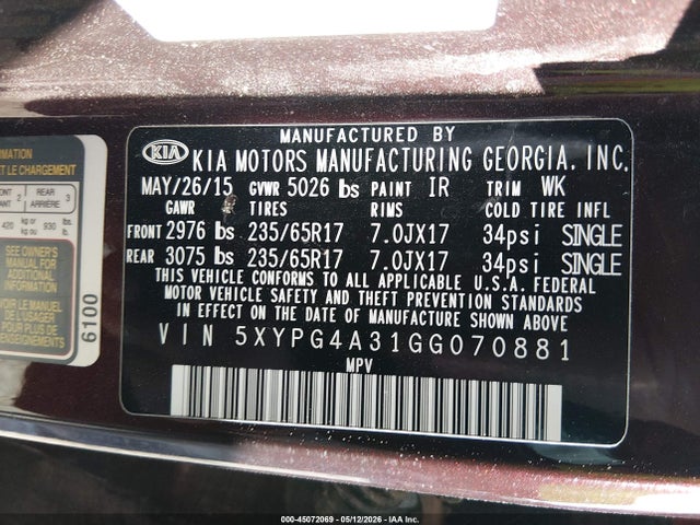 KIA Sorento 2.4l Lx 2016 5XYPG4A31GG070881 Image 9