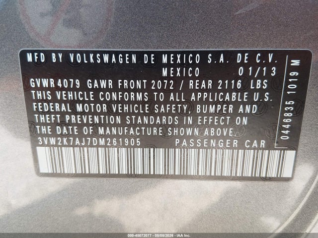 45072077 :رقم المزاد ، 3VW2K7AJ7DM261905 vin ، 2013 Volkswagen Jetta 2.0l S مزاد بيع