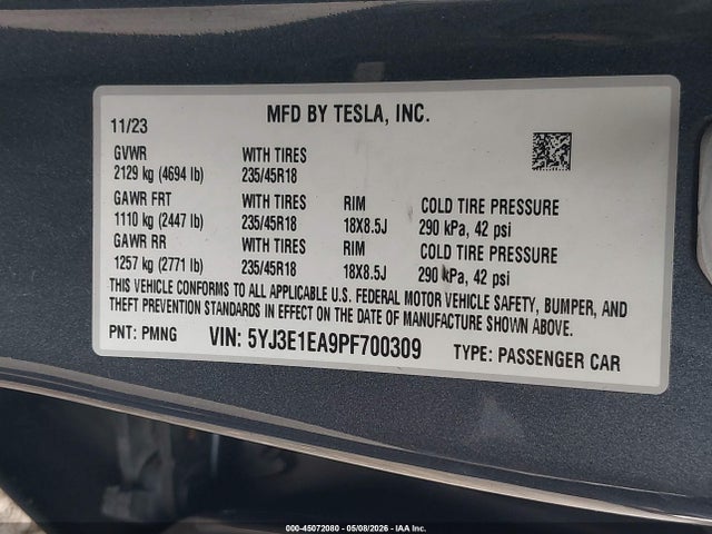 45072080 :رقم المزاد ، 5YJ3E1EA9PF700309 vin ، 2023 Tesla Model 3 Rear-wheel Drive مزاد بيع