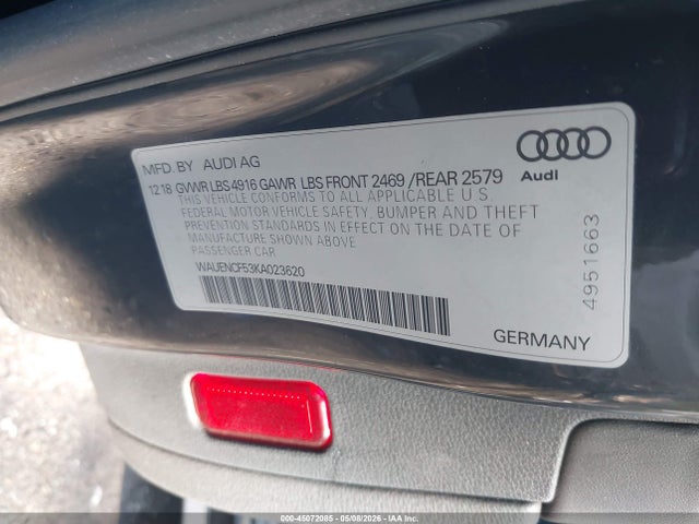 2019 Audi A5 45 Premium მანქანა იყიდება აუქციონზე, vin: WAUENCF53KA023620, აუქციონის ნომერი: 45072085