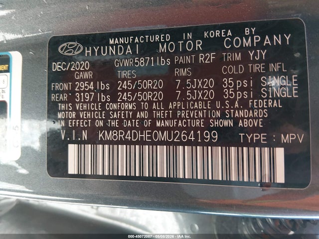 2021 Hyundai Palisade Sel მანქანა იყიდება აუქციონზე, vin: KM8R4DHE0MU264199, აუქციონის ნომერი: 45072087
