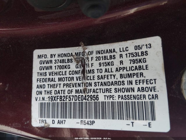 Продаж на аукціоні авто 2013 Honda Civic Lx, vin: 19XFB2F57DE042956, номер лоту: 45072096
