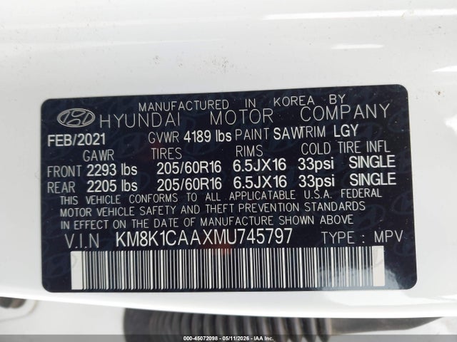 KM8K1CAAXMU745797 Hyundai Kona Se