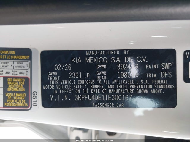 Aukcja sprzedaży 2026 Kia K4 Ex, vin: 3KPFU4DE1TE300167, numer aukcji: 45072105