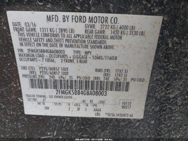 45072108 :رقم المزاد ، 2FMGK5B84GBA08003 vin ، 2016 Ford Flex Se مزاد بيع