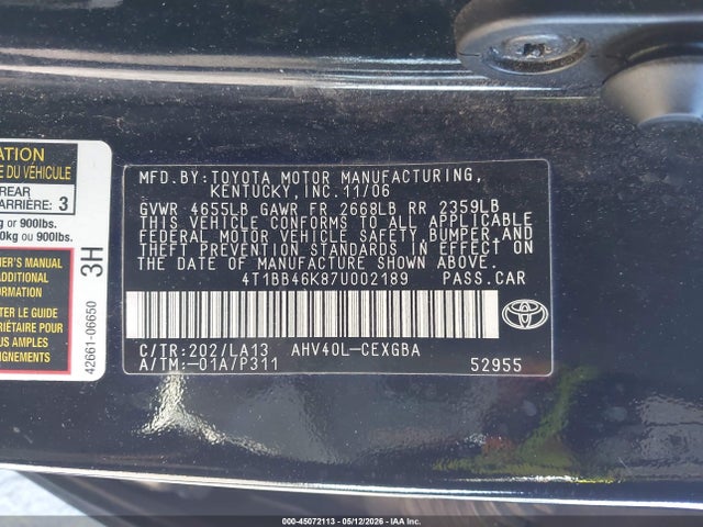 2007 Toyota Camry Hybrid მანქანა იყიდება აუქციონზე, vin: 4T1BB46K87U002189, აუქციონის ნომერი: 45072113