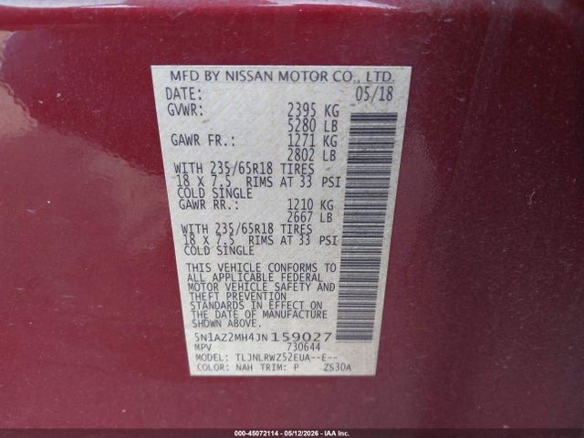 5N1AZ2MH4JN159027 Nissan MURANO SL
