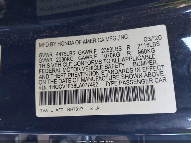 2020 Honda Accord Sport მანქანა იყიდება აუქციონზე, vin: 1HGCV1F36LA077462, აუქციონის ნომერი: 45072115