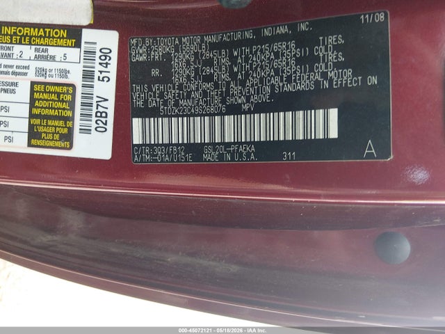Продажа на аукционе авто 2009 Toyota Sienna Ce, vin: 5TDZK23C49S268076, номер лота: 45072121