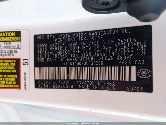 2018 Toyota Camry Le მანქანა იყიდება აუქციონზე, vin: 4T1B11HK9JU535206, აუქციონის ნომერი: 45072122