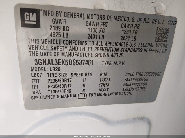 2013 Chevrolet Captiva Sport Lt მანქანა იყიდება აუქციონზე, vin: 3GNAL3EK5DS537461, აუქციონის ნომერი: 45072123