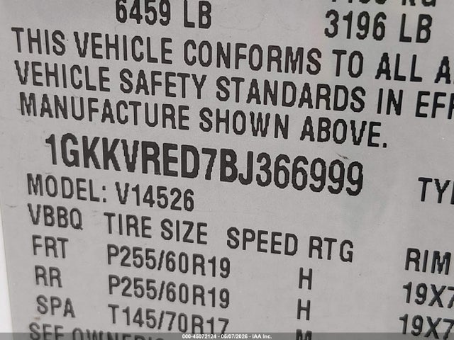 45072124 :رقم المزاد ، 1GKKVRED7BJ366999 vin ، 2011 Gmc Acadia Slt-1 مزاد بيع