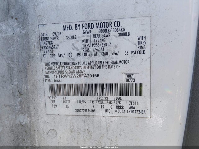 2008 Ford F-150 60th Anniversary/fx2/xl/xlt მანქანა იყიდება აუქციონზე, vin: 1FTRW12W28FA29165, აუქციონის ნომერი: 45072130