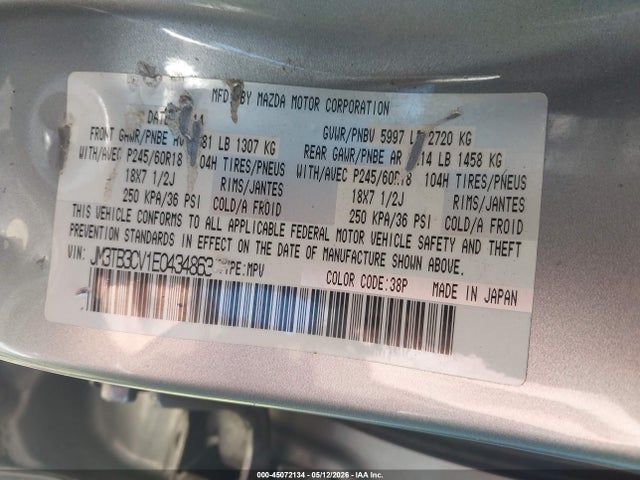45072134 :رقم المزاد ، JM3TB3CV1E0434863 vin ، 2014 Mazda Cx-9 Touring مزاد بيع