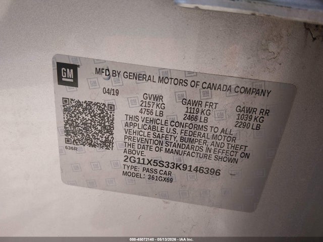 Продажа на аукционе авто 2019 Chevrolet Impala Ls, vin: 2G11X5S33K9146396, номер лота: 45072140