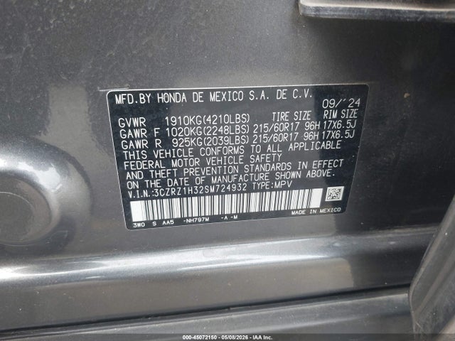 2025 Honda Hr-v 2wd Lx მანქანა იყიდება აუქციონზე, vin: 3CZRZ1H32SM724932, აუქციონის ნომერი: 45072150