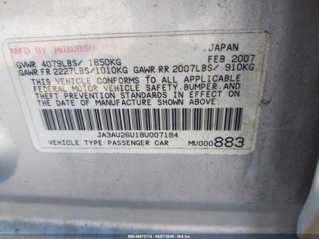 Aukcja sprzedaży 2008 Mitsubishi Lancer De/es, vin: JA3AU26U18U007184, numer aukcji: 45072174