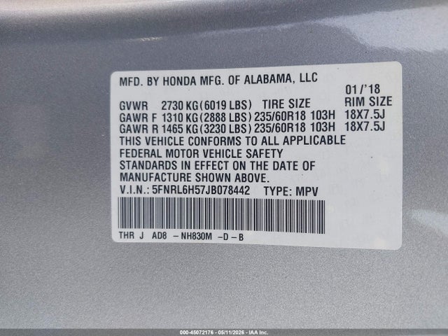 5FNRL6H57JB078442 Honda ODYSSEY EX