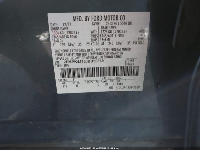 45072186 :رقم المزاد ، 2FMPK4J96JBB50669 vin ، 2018 Ford Edge Sel مزاد بيع