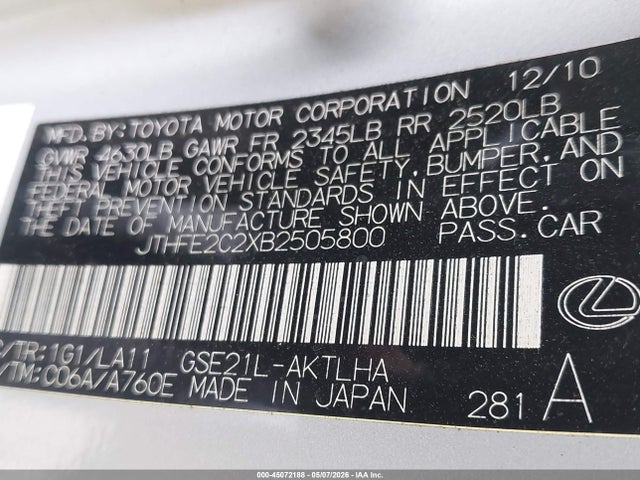 Aukcja sprzedaży 2011 Lexus Is 350c, vin: JTHFE2C2XB2505800, numer aukcji: 45072188
