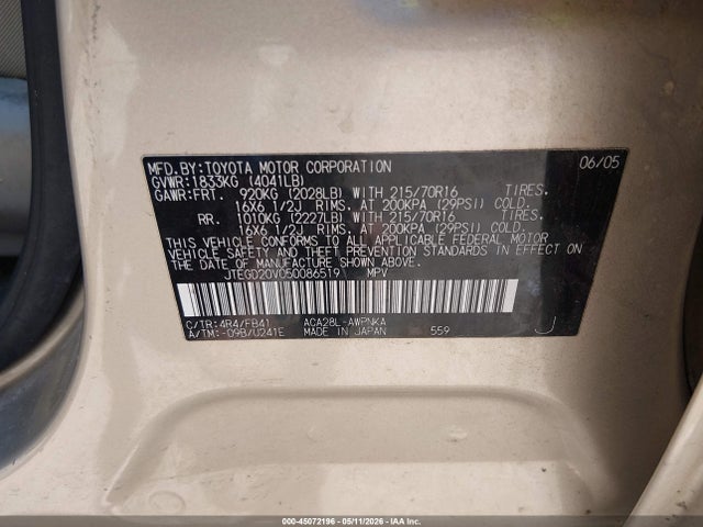 Aukcja sprzedaży 2005 Toyota Rav4, vin: JTEGD20V050086519, numer aukcji: 45072196