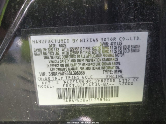 Aukcja sprzedaży 2025 Nissan Kicks Sr Intelligent Awd, vin: 3N8AP6DB6SL398985, numer aukcji: 45072209