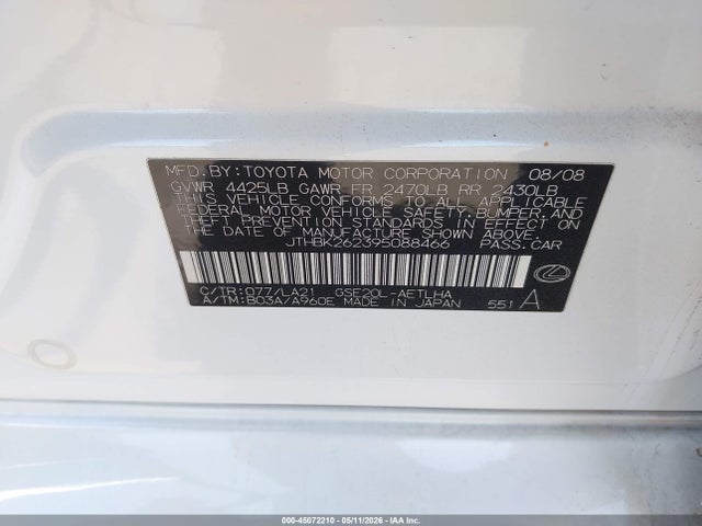 Продаж на аукціоні авто 2009 Lexus Is 250, vin: JTHBK262395088466, номер лоту: 45072210