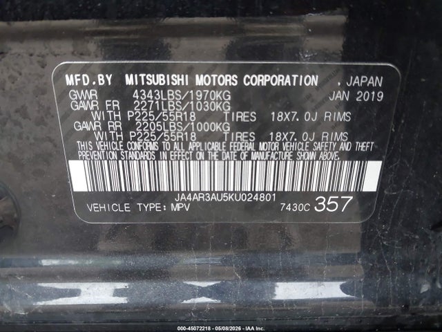 Aukcja sprzedaży 2019 Mitsubishi Outlander Sport 2.0 Le, vin: JA4AR3AU5KU024801, numer aukcji: 45072218